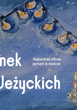 Grafika z lampkami i jeżykiem. Napis: Rynek Rozmaitości Jeżyckich.