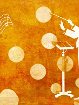 Rysunek dyrygenta przy pulpicie i pięciolinia z nutami. Wszystko w odcieniach pomarańczu i czerwieni.