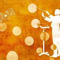 Rysunek dyrygenta przy pulpicie i pięciolinia z nutami. Wszystko w odcieniach pomarańczu i czerwieni.