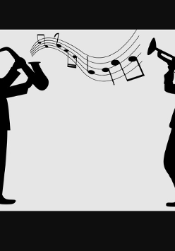 Dwóch muzyków jazzowych (trąbka i saksofon). Między nimi pięciolinia z nutami. Tonacja biało-czarna.