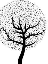 Drzewo z nutkami zamiast liści - rysunek czarno biały.