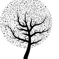 Drzewo z nutkami zamiast liści - rysunek czarno biały.