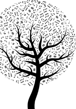 Drzewo z nutkami zamiast liści - rysunek czarno biały.