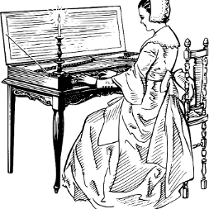 Biało czarny rysunek kobiety grającej na fortepianie.