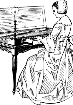 Biało czarny rysunek kobiety grającej na fortepianie.