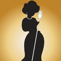 Rysunek czarnej postaci piosenkarki na żółtym tle.