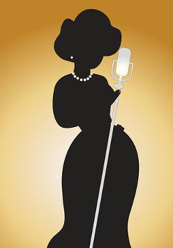 Rysunek czarnej postaci piosenkarki na żółtym tle.