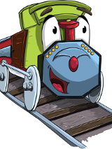 Rysunek uśmiechniętej zielonej lokomotywy na torach.