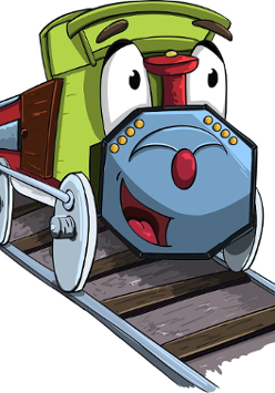 Rysunek uśmiechniętej zielonej lokomotywy na torach.