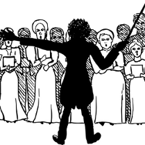 Dyrygent na czarno stojący tyłem do oglądającego. Przed nim chór.