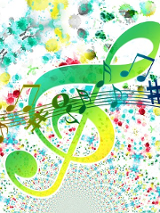 Rysunek zielonego klucza wiolinowego. na niego naniesiona pięciolinia i różne kolorowe nutki i znaki muzyczne. Całość na różnokolorowych kleksach, od dołu ku górze coraz większych.