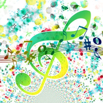 Rysunek zielonego klucza wiolinowego. na niego naniesiona pięciolinia i różne kolorowe nutki i znaki muzyczne. Całość na różnokolorowych kleksach, od dołu ku górze coraz większych.