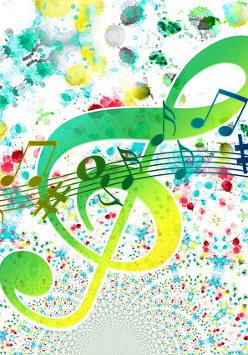 Rysunek zielonego klucza wiolinowego. na niego naniesiona pięciolinia i różne kolorowe nutki i znaki muzyczne. Całość na różnokolorowych kleksach, od dołu ku górze coraz większych.
