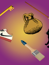 Na fioletowym tle dzbanek, but nike, czarny kot, mioptła klucz, łopara i pędzel.