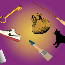 Na fioletowym tle dzbanek, but nike, czarny kot, mioptła klucz, łopara i pędzel.