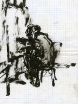 rysunek - na biały tle kartki w kratkę czarna abstrakcja