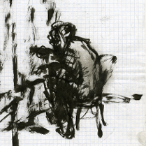 rysunek - na biały tle kartki w kratkę czarna abstrakcja