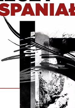 Abstrakcyjny plakat w czerni, bieli i czerwieni z dynamicznymi pociągnięciami, geometrycznymi kształtami i dużym napisem "Wszystko jest wspaniałe".