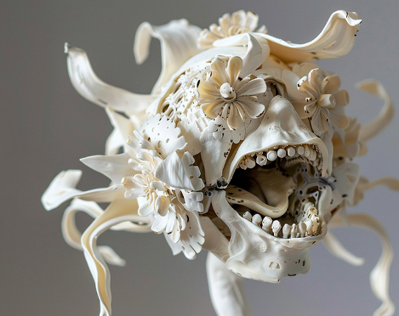 Rzeźba, hybryda kwiata i czaszki z zębami.