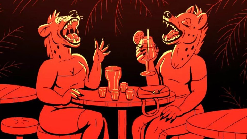 Dwie kobiety o głowach hien siedzą w nocnym klubie przy stoliku i piją drinki, szeroko się śmiejąc. Obrazek Czarno-pomarańczowy.