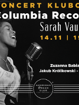 Plakat koncertu Sara Vaughan - koncert jej pamięci ze zdjęciem wokalistki i informacjami, które zawarto w treści artykułu.