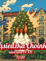 Choinka na miejskim skwerze startuje rakieta do nieba.