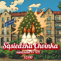 Choinka na miejskim skwerze startuje rakieta do nieba.