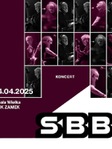 Plakat koncertu zespołu SBB w bordowo-czarno-białej kolorystyce. U góry mozaika zdjęć muzyków podczas występu. Po lewej data i miejsce: "4.04.2025, Sala Wielka, CK ZAMEK". W centrum napis "KONCERT". Na dole duże logo zespołu "SBB".