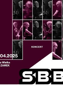 Plakat koncertu zespołu SBB w bordowo-czarno-białej kolorystyce. U góry mozaika zdjęć muzyków podczas występu. Po lewej data i miejsce: "4.04.2025, Sala Wielka, CK ZAMEK". W centrum napis "KONCERT". Na dole duże logo zespołu "SBB".