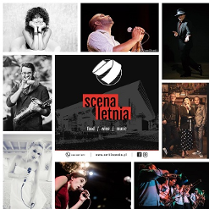 Zdjęcia artystów, a w środku plakat reklamujący na tle budynku, czerwono-czarny napis.