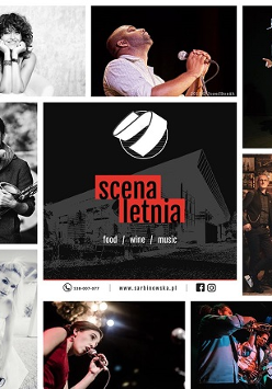 Zdjęcia artystów, a w środku plakat reklamujący na tle budynku, czerwono-czarny napis.