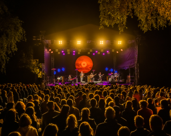 Scena w półmroku, na niej muzycy, przed sceną tłum zasłuchanej publiczności