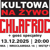 Plakat koncertu zespołu Schlafrock w klubie Kultowa, zapowiadający występ na żywo 13.12.2025 o 20:00 z udziałem specjalnego gościa; wstęp wolny.