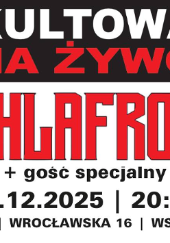 Plakat koncertu zespołu Schlafrock w klubie Kultowa, zapowiadający występ na żywo 13.12.2025 o 20:00 z udziałem specjalnego gościa; wstęp wolny.