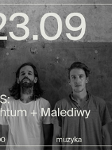 Dwaj mężczyźni stoją przy ścianie."29.09 Las: Schtum + Malediwy, 20:00, muzyka"