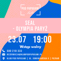 Plakat, który reklamuje Seal Olympia Paryż - koncert na żywo, tło składające się z różnych figur geometrycznych o różnych wzorach i kolorach a na nim napisy, które informują o wydarzeniu.