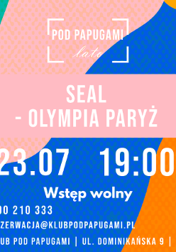 Plakat, który reklamuje Seal Olympia Paryż - koncert na żywo, tło składające się z różnych figur geometrycznych o różnych wzorach i kolorach a na nim napisy, które informują o wydarzeniu.