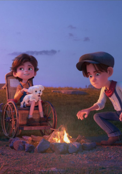 Kadr z filmu animowanego "Dzielna banda i tajemnica zaginionego wujka". Troje dzieci stoi wokół ogniska. Jedno z nich jest na wózku inwalidzkim.