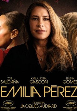 Plakat fimu Emilia Perez, zdjęcie trzech silnych kobiet na czarnym tle.