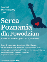 Plakat, na niebieskim tle napisy informujące o wydarzeniu, a boku rysunek gitary z sercem pośrodku.