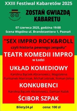 Plakat, który reklamuje spektakl Sex Impro Rock&Roll, czyli historia pewnego zespołu. Czerwono, żółto, zielone tło a na nim biało-czarne napisy, które informują o wydarzeniu.