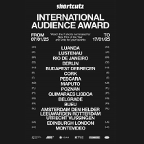 Biały tekst na czarnym tle, z kolejnymi lokalizacjami i terminami festiwalu filmów krótkometrażowych Shortcutz Amsterdam.