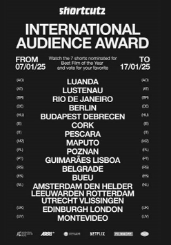 Biały tekst na czarnym tle, z kolejnymi lokalizacjami i terminami festiwalu filmów krótkometrażowych Shortcutz Amsterdam.