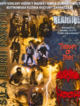 Plakat koncertowy w metalowym klimacie: zespoły wśród burzowych chmur, ognia i błyskawic; zapowiedź wydarzenia "Siła, Furia i Party" z udziałem Rebisite, Therapy of Pain i innych.