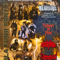 Plakat koncertowy w metalowym klimacie: zespoły wśród burzowych chmur, ognia i błyskawic; zapowiedź wydarzenia "Siła, Furia i Party" z udziałem Rebisite, Therapy of Pain i innych.