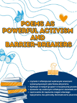 Plakat wydarzenia z tytułem "Poems as Powerful Activism and Barrier-Breakers" w pomarańczowych literach na jasnym tle z falistymi liniami. Na grafice widoczne są ilustracje motyli, serca oraz stosu książek, a na dole w języku polskim wymieniono punkty programu spotkania.