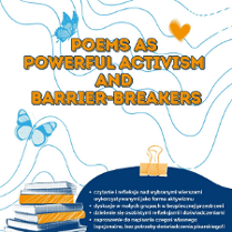 Plakat wydarzenia z tytułem "Poems as Powerful Activism and Barrier-Breakers" w pomarańczowych literach na jasnym tle z falistymi liniami. Na grafice widoczne są ilustracje motyli, serca oraz stosu książek, a na dole w języku polskim wymieniono punkty programu spotkania.