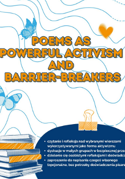 Plakat wydarzenia z tytułem "Poems as Powerful Activism and Barrier-Breakers" w pomarańczowych literach na jasnym tle z falistymi liniami. Na grafice widoczne są ilustracje motyli, serca oraz stosu książek, a na dole w języku polskim wymieniono punkty programu spotkania.