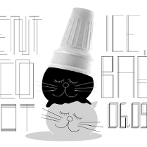 Białe tło z grafiką dwóch głów kotów leżącycj na sobie. Na nich stoi rożek od lodów. Całość przypomina topiące się lody. Po lewej napis "Silent Disco Kot". Po prawej napis "Ice, Ice Babe 06.09 20:00"