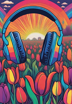 Kolorowa grafika przedstawia słuchawki, które wiszą nad polem tulipanów. W tle wschód słońca i drzewa.